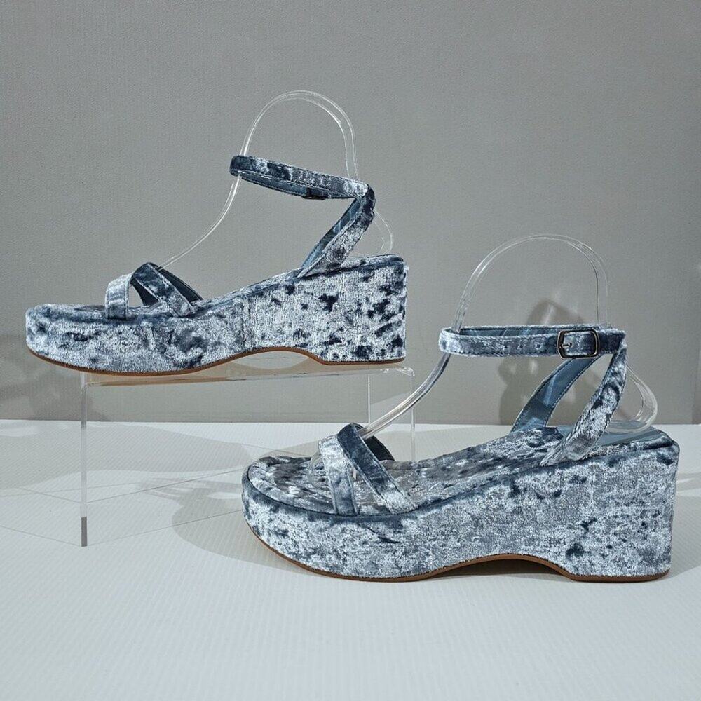 Jeffrey Campbell Activate Platform Sandal Womens 8 Blue Crushed Velvet Heels NEW - Picture 2 of 13